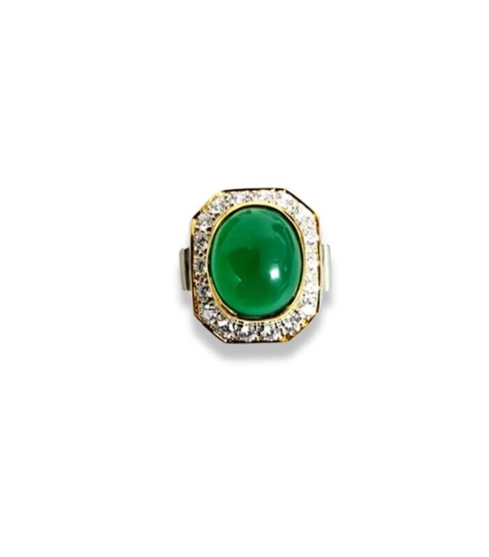 Green Agate Set with Cubic Zirconia in 925 Silver Men's Ring (22x19mm) (1002)