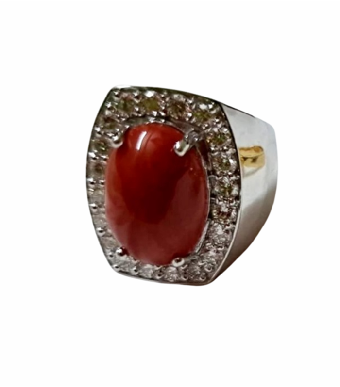 Red Coral set with Natural Diamond 2.16cts in 18K White Gold Ring (CM1003)