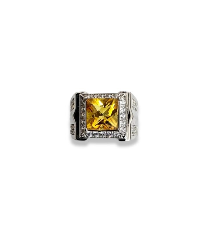 Citrine Set with Cubic Zirconia in 925 Silver Men's Ring (14x14mm) (1006)