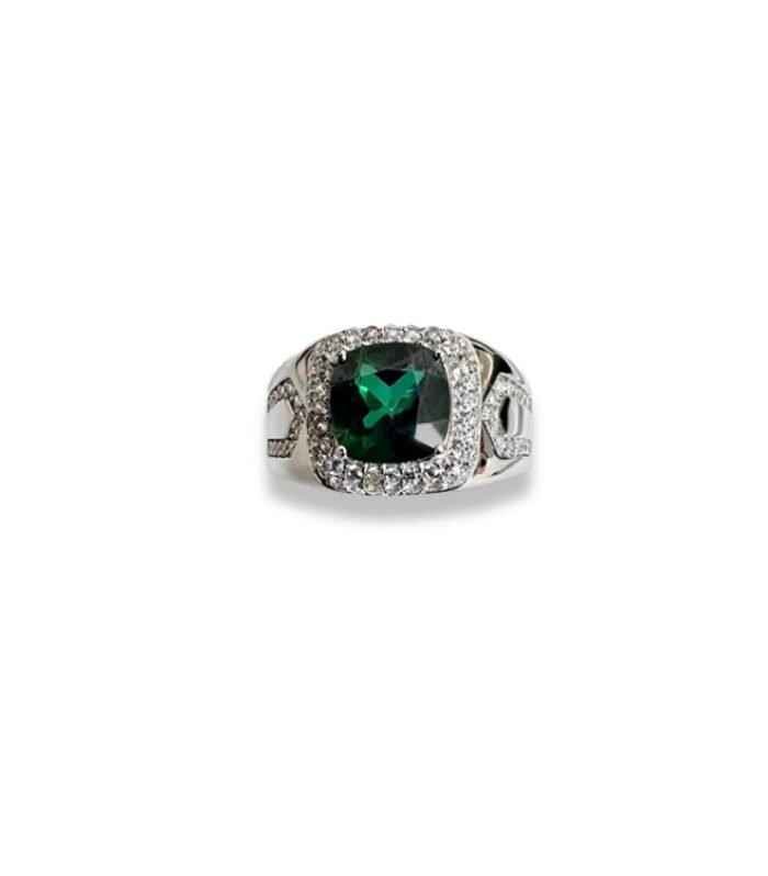 Green Topaz Set with Zirconia in 925 Silver Men's Ring (14x14mm) (1007)