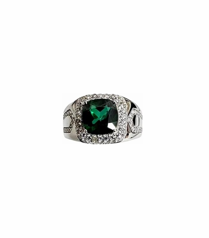 GREEN TOPAZ set with Zirconia in Rhodium Plated 925 Silver Men's Ring (SJ1007)