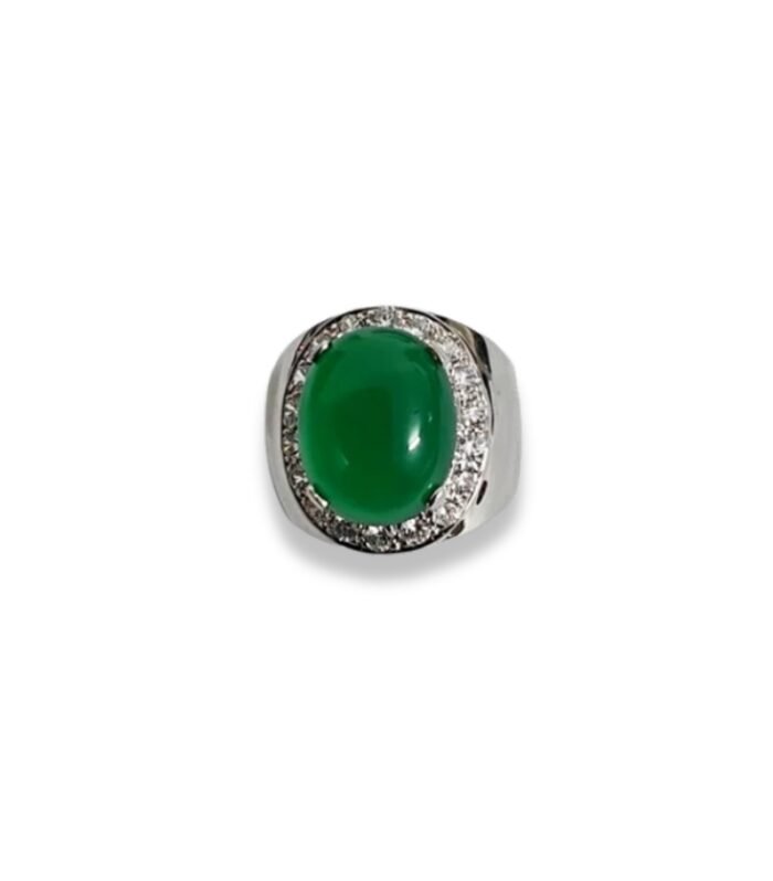 Green Agate Set with Cubic Zirconia in 925 Silver Men's Ring (19x16mm) (1018)
