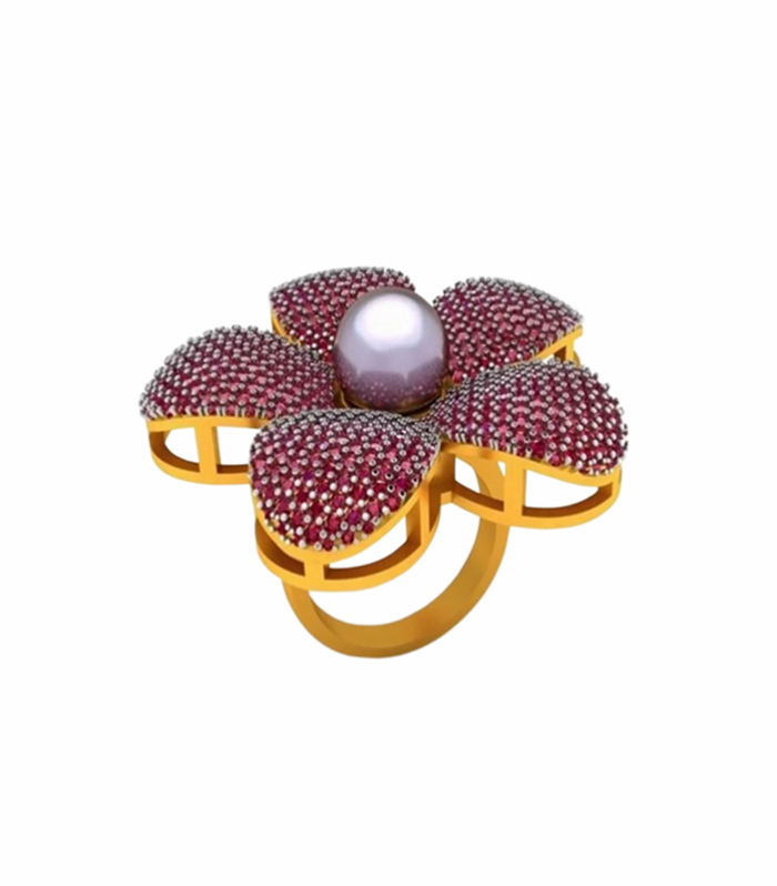 Ruby set with South Sea Pearl in 18K Yellow Gold Flower set Jewellery (CW1021)