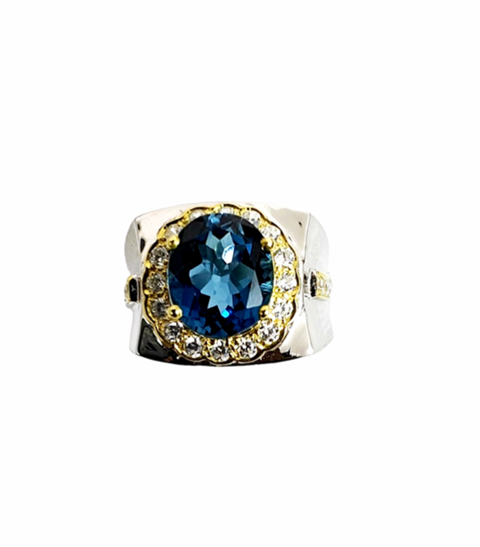 LONDON BLUE TOPAZ with Zirconia in Rhodium Plated 925 Silver Ring (SJ1015)