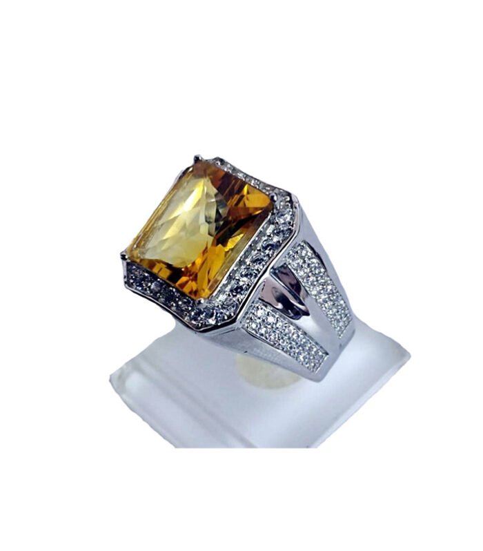 Citrine with Fine Cut Zirconia in Rhodium Plated 925 Sterling Silver Ring (SJ1019)