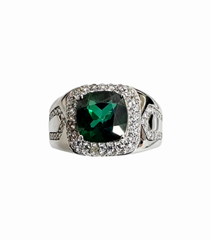GREEN TOPAZ with Zirconia in Rhodium Plated 925 Sterling Silver Ring (SJ1007)