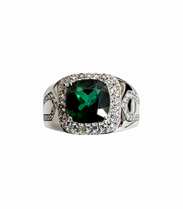 GREEN TOPAZ set with Zirconia in Rhodium Plated 925 Silver Men's Ring (SJ1007)