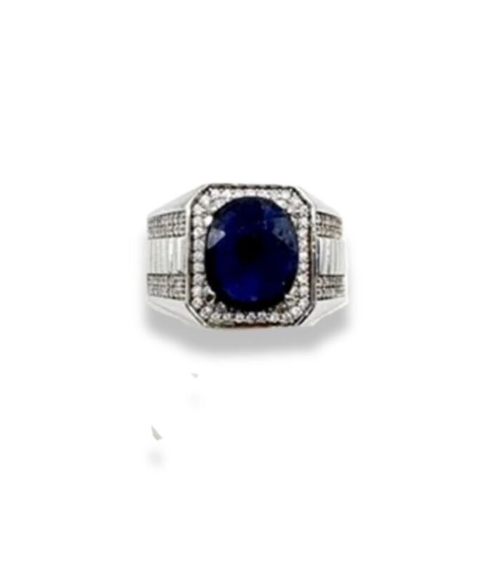 Blue Sapphire Set with Cubic Zirconia in 925 Silver Men's Ring (1024) (Video)