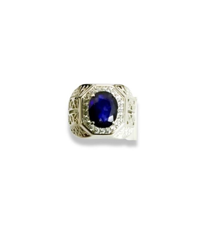 Blue Sapphire Set with Zirconia in 925 Silver Men's Ring (SJ1039)