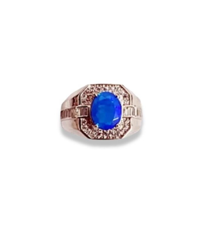 Blue Opal set with Zirconia in Rhodium Plated 925 Silver Men's Ring (1042)