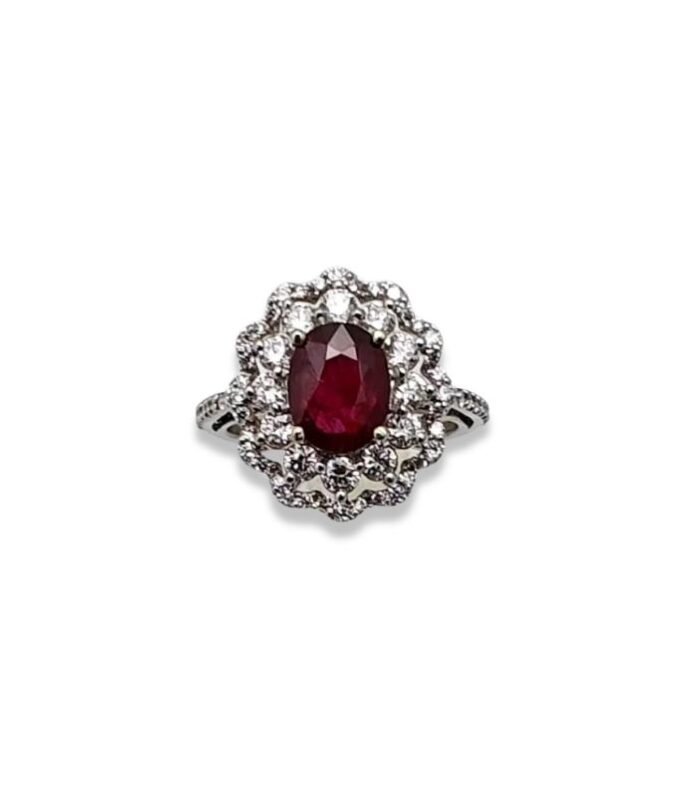 Ruby Un Heat (GIT) with 0.98cts Diamonds in 14K W-Gold Women's Ring (1086)