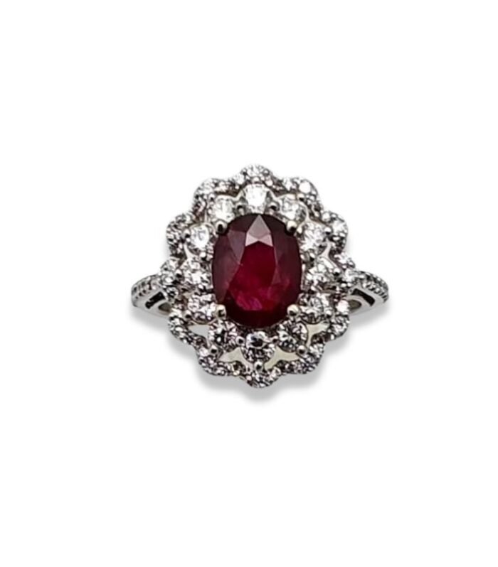Ruby Un Heat (GIT) with 0.98cts Diamonds in 14K W-Gold Women's Ring (1086)