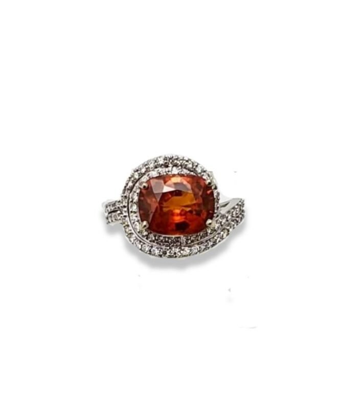 Orange Sapphire 4.56cts set with Diamonds in 14K W-Gold Women's Ring (1090) (Video)