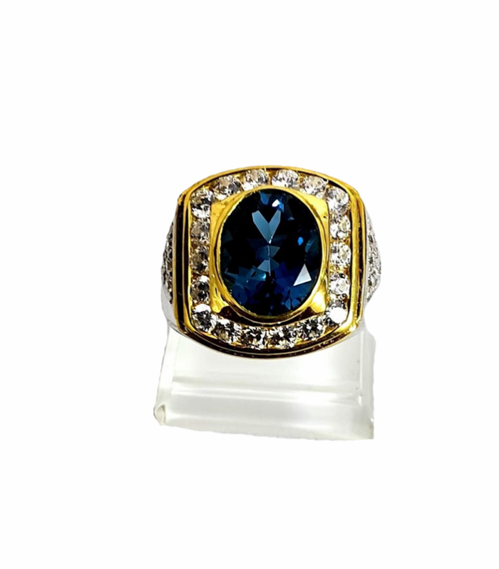 London Blue Topaz with Zirconia in Rhodium Plated 925 Sterling Silver Ring (SJ1013)