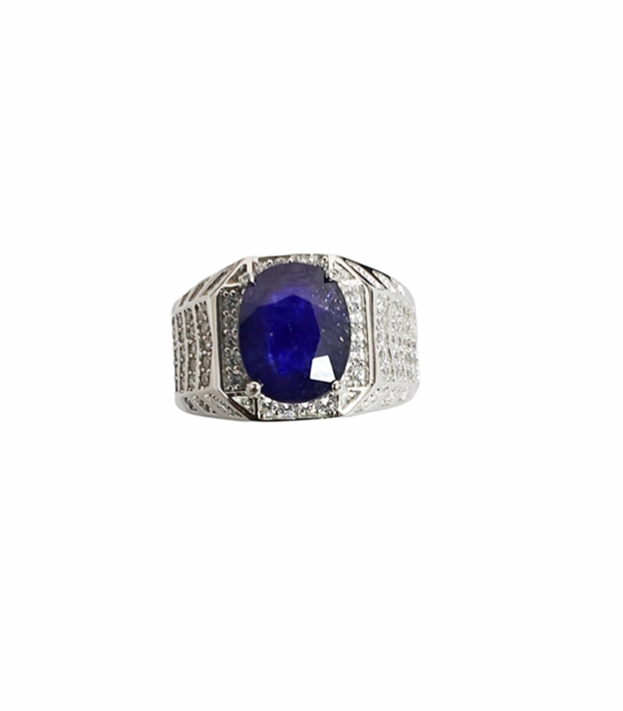 BLUE SAPPHIRE with Zirconia in Rhodium Plated 925 Sterling Silver Ring (SJ1033)