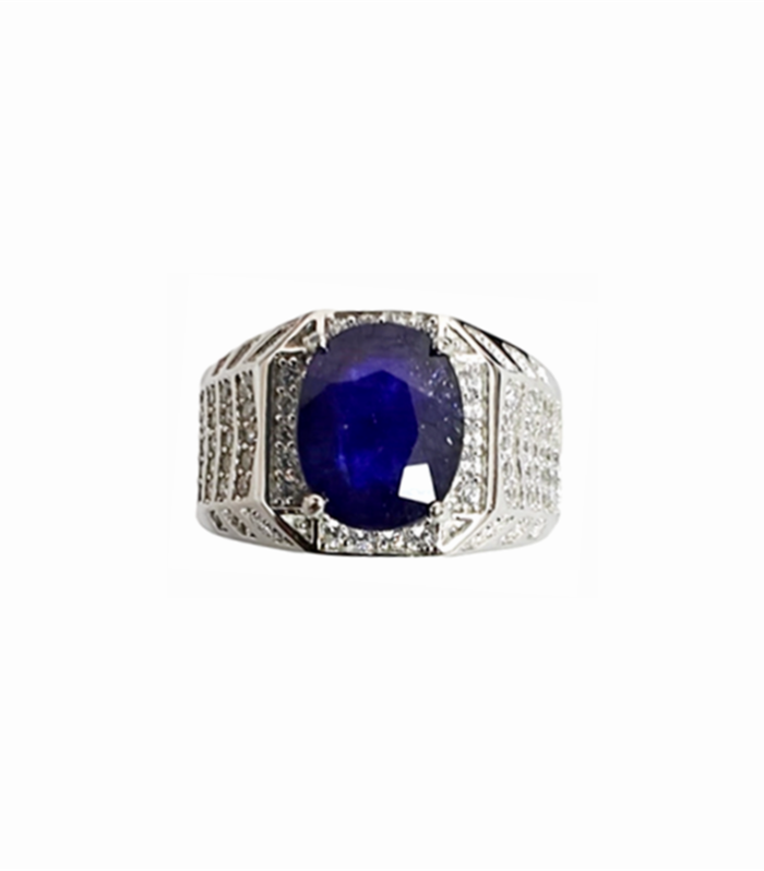 BLUE SAPPHIRE set with Zirconia in Rhodium Plated 925 Silver Men's Ring (SJ1033)