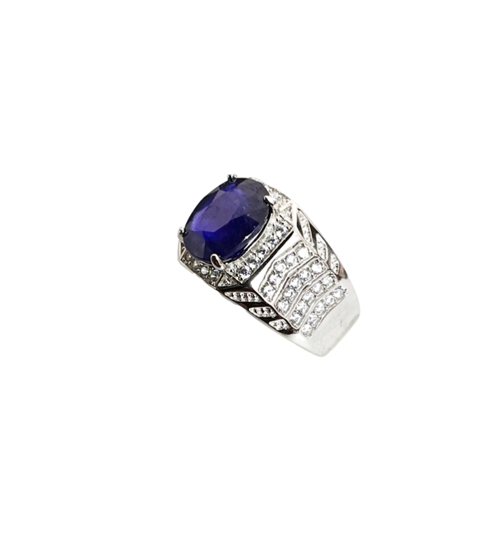 BLUE SAPPHIRE with ZIRCONIA in Rhodium Plated 925 Sterling Silver Ring (SJ1033)