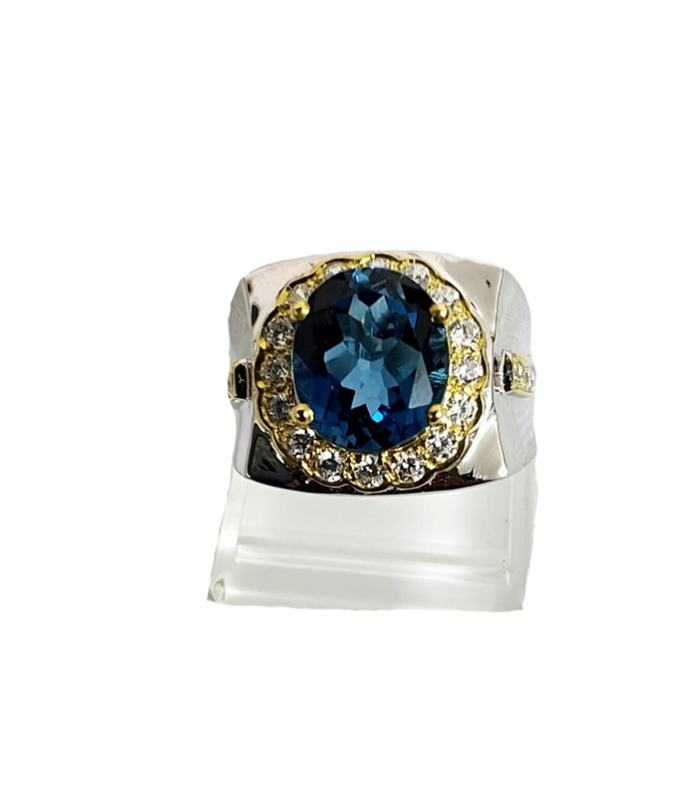 London Blue Topaz with Zirconia in Rhodium Plated 925 Sterling Silver Ring (SJ1015)