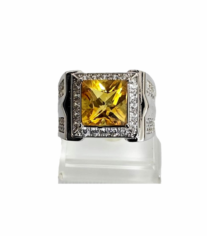 Citrine with Fine Cut Zirconia in Rhodium Plated 925 Sterling Silver Ring (SJ1006)