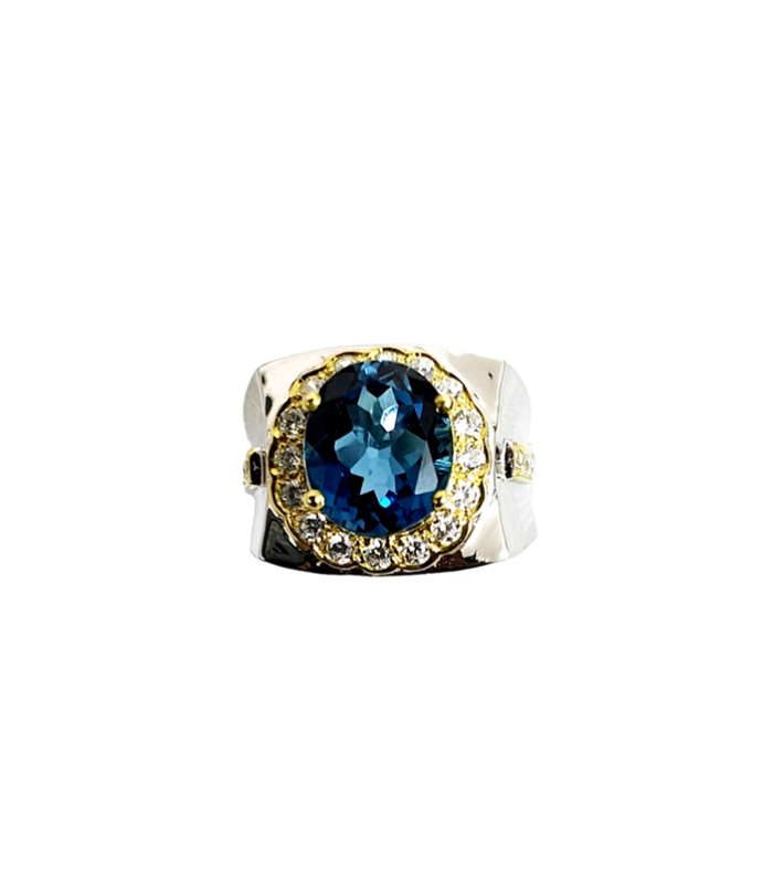 LONDON BLUE TOPAZ with ZIRCONIA in Rhodium Plated 925 Silver Ring (SJ1015)