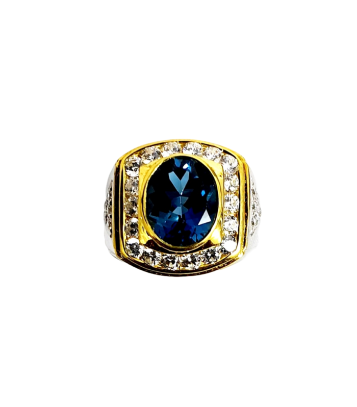 LONDON BLUE TOPAZ with ZIRCONIA in Rhodium Plated 925 Silver Ring (SJ1013)