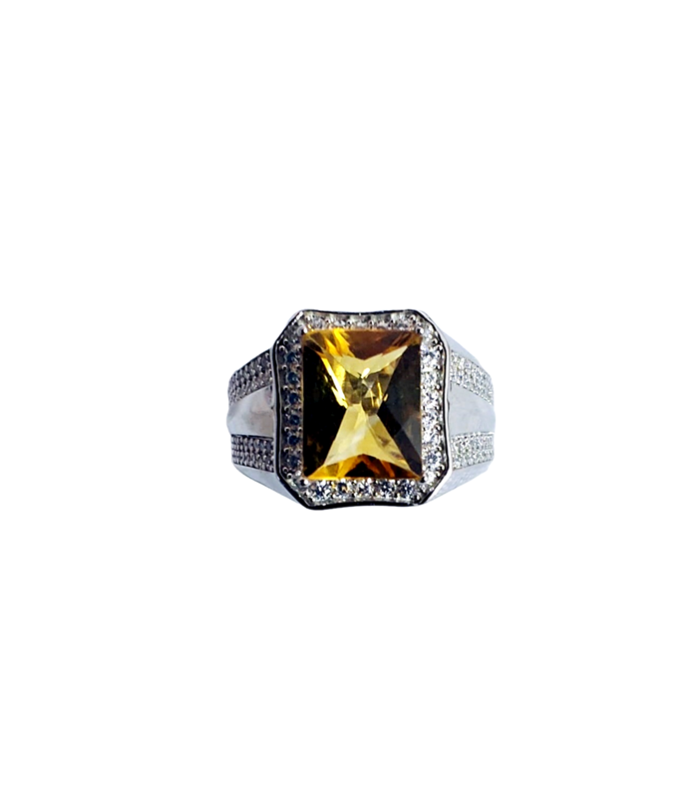 CITRINE with Fine Cut Zirconia in Rhodium Plated 925 Sterling Silver Ring (SJ1019)