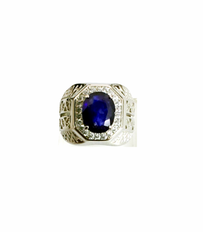 BLUE SAPPHIRE with Zirconia in Rhodium Plated 925 Sterling Silver Ring (SJ1039)