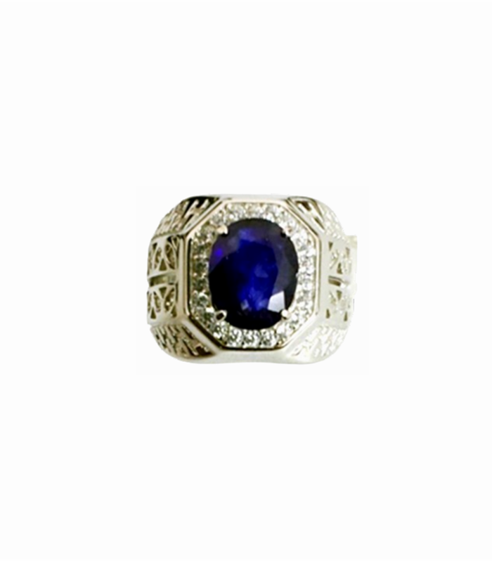 BLUE SAPPHIRE set with Zirconia in Rhodium Plated 925 Silver Men's Ring (SJ1039)