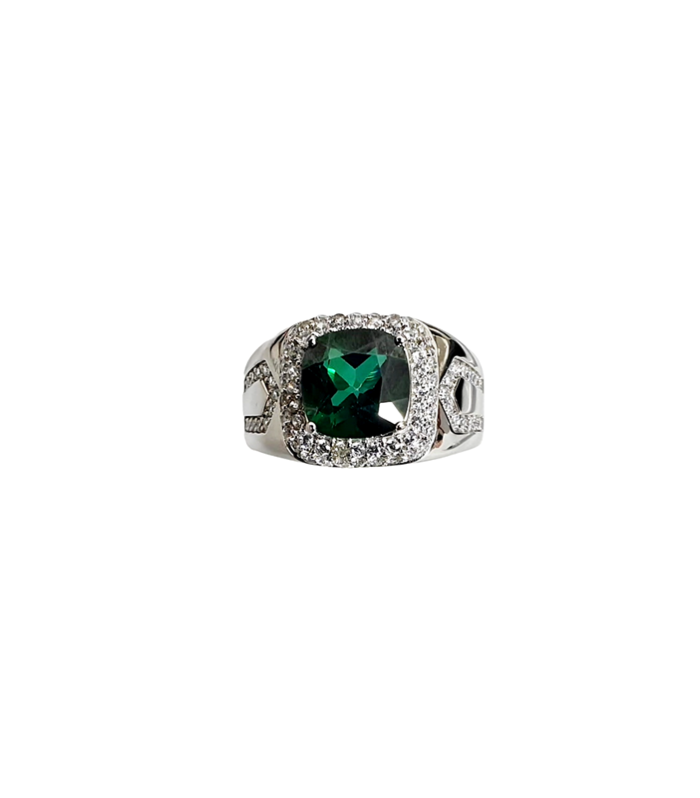 GREEN TOPAZ with ZIRCONIA in Rhodium Plated 925 Sterling Silver Ring (SJ1007)