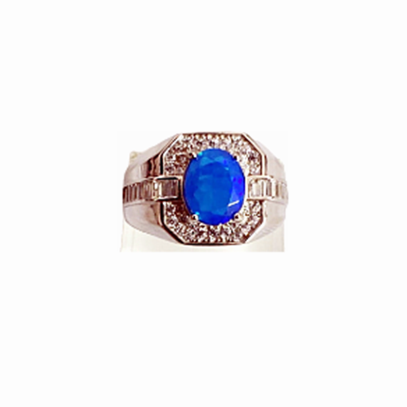 BLUE OPAL with Zirconia in Rhodium Plated 925 Sterling Silver Ring (SJ1042)