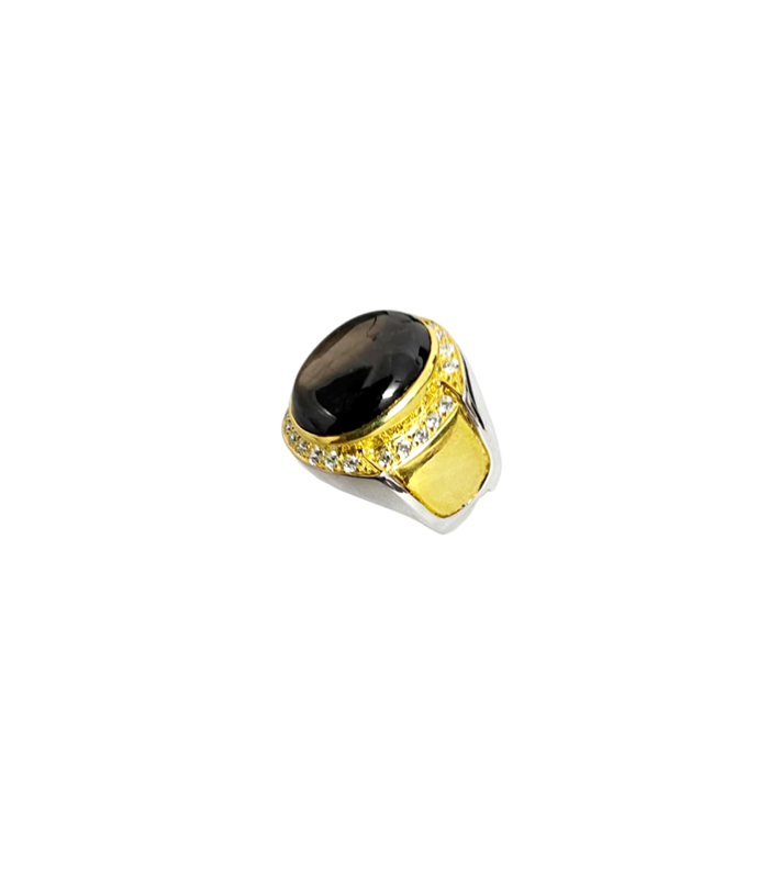 STAR SAPPHIRE with ZIRCONIA in Rhodium Plated 925 Silver Ring (SJ1008) (Video)