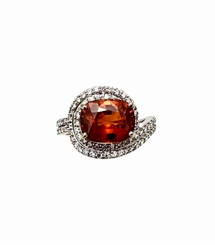 ORANGE SAPPHIRE 4.56cts with 0.61cts Diamonds in 14K W-Gold Ring (GJ1090)(Video)