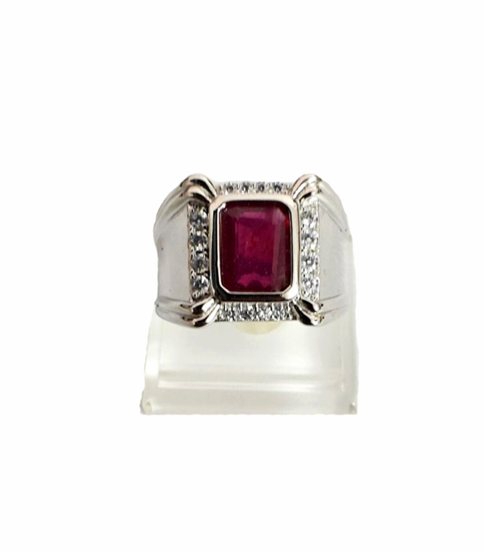 Ruby Natural with Fine Cut Zirconia in Rhodium Plated 925 Sterling Silver Ring (SJ1010)