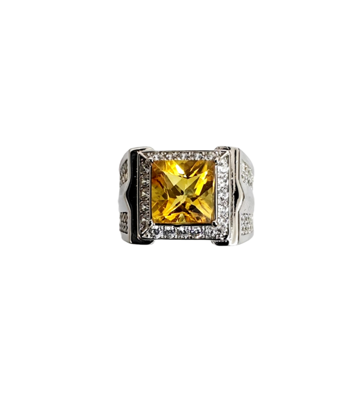 CITRINE with Fine Cut ZIRCONIA in Rhodium Plated 925 Sterling Silver Ring (SJ1006)