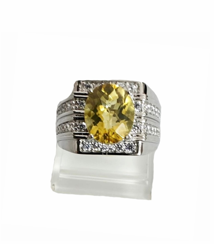 Citrine with Fine Cut Zirconia in Rhodium Plated 925 Sterling Silver Ring (SJ1016)
