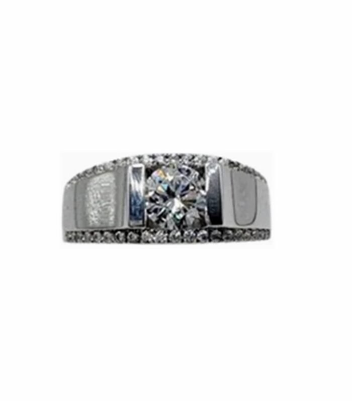 CUBIC ZIRCONIA Fine Cut set in Rhodium Plated 925 Silver Men's Ring (SJ1027) (Video)