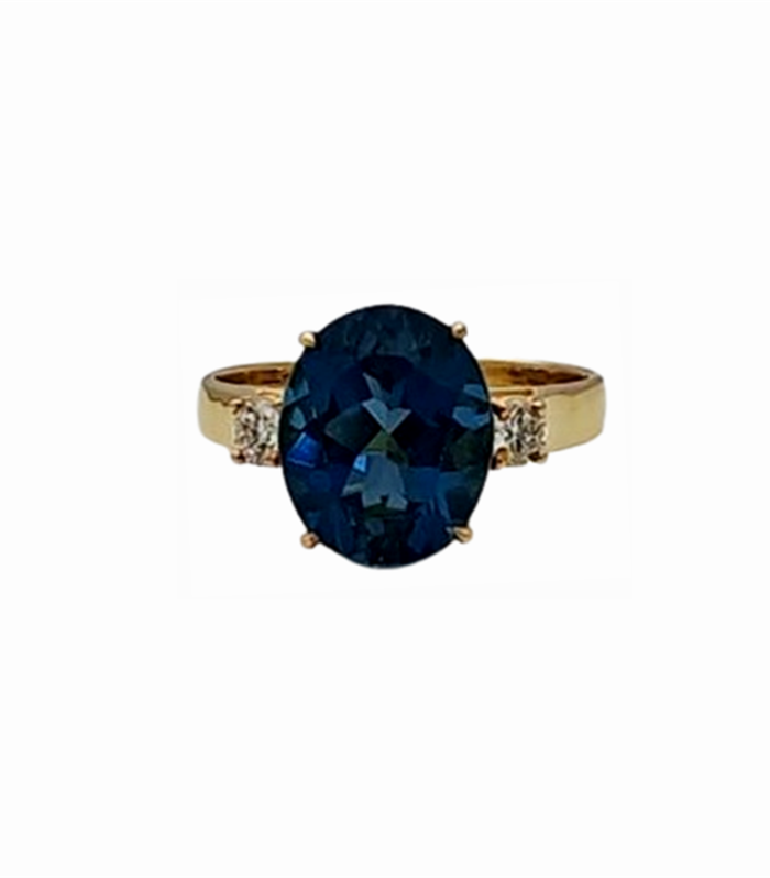 LONDON BLUE TOPAZ set with Diamond 0.12cts in 9K Y-Gold Ring (GJ-1-1106) (Video)