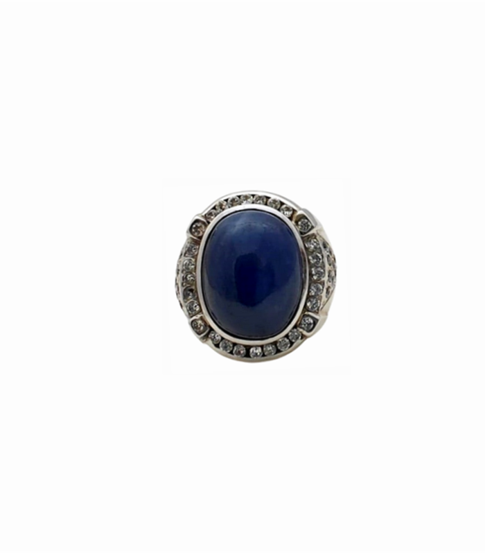 BLUE SAPPHIRE set with Zirconia in Rhodium Plated Silver Men's Ring (SJ1052)