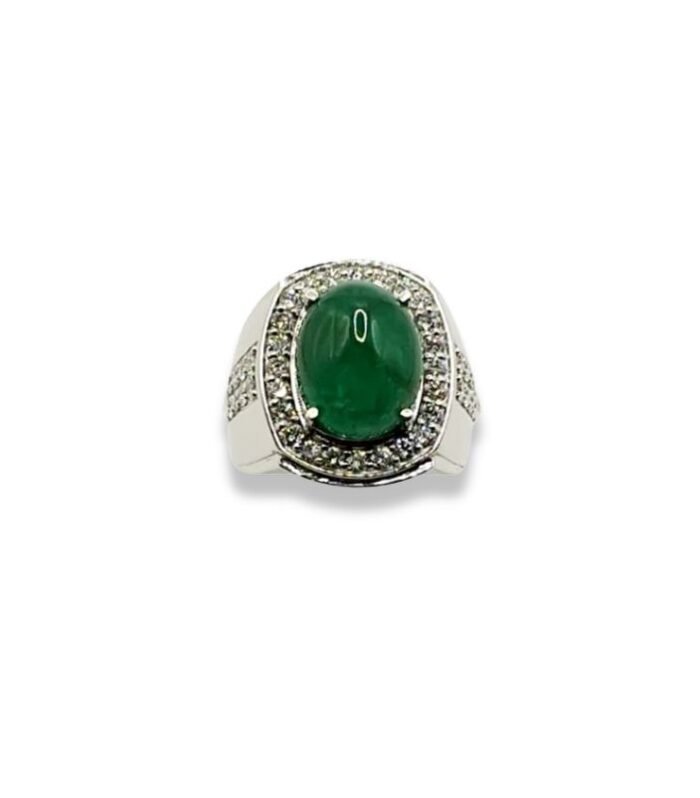 Emerald 7.02cts set with CVD Diamonds in 925 Silver Men's Ring (1044)(Video)