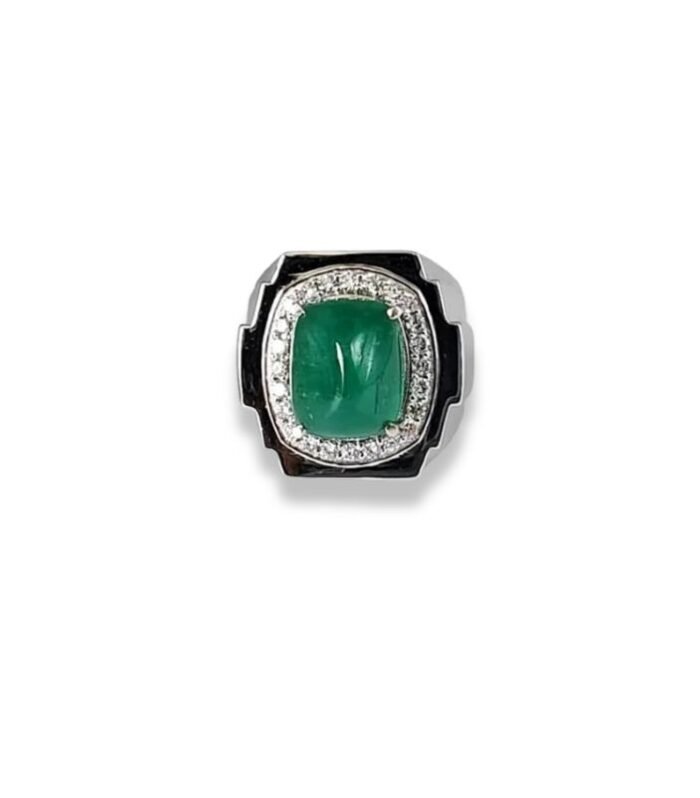 Emerald 8.41cts set with CVD Diamonds in 925 Silver Men's Ring (1046)(Video)