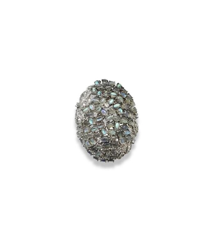 Moonstone set with Zirconia in 925 Silver Pendant/Brooch (68x50mm) (1057)