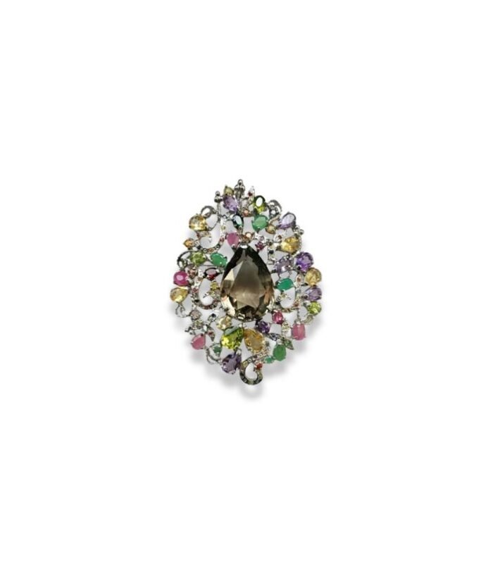 Smoky Topaz set with Assorted Gems in Silver Pendant/Brooch (79x58mm) (1060)