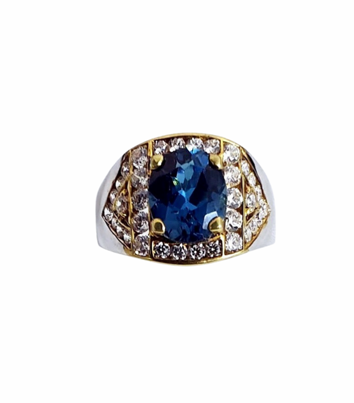 LONDON BLUE TOPAZ with Zirconia in Rhodium Plated 925 Silver Ring (SJ1017)