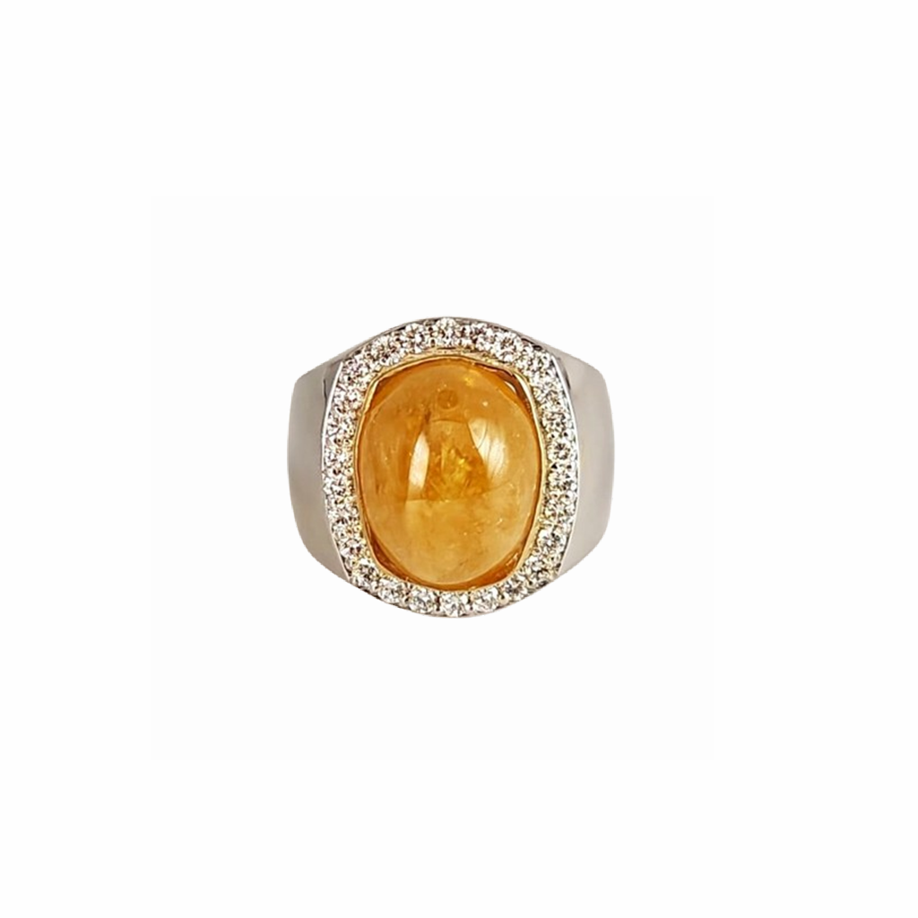 YELLOW SAPPHIRE Cabochen Natural with Lab Grown Diamonds in Rhodium Plated 925 Silver Ring (SJ1043)