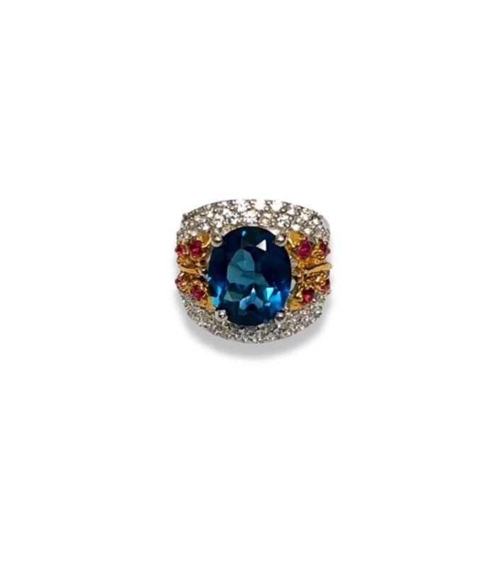 London Blue Topaz set with Ruby & Zirconia in 925 Silver Women's Ring (18x18mm) (1144)