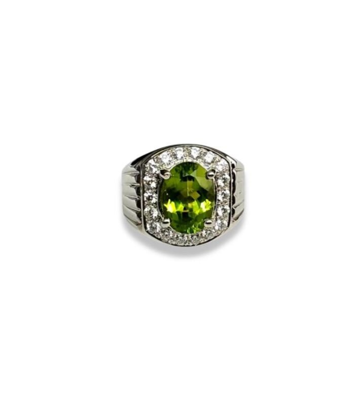 Peridot set with Cubic Zirconia in 925 Silver Men's Ring (16x14mm) (1147)