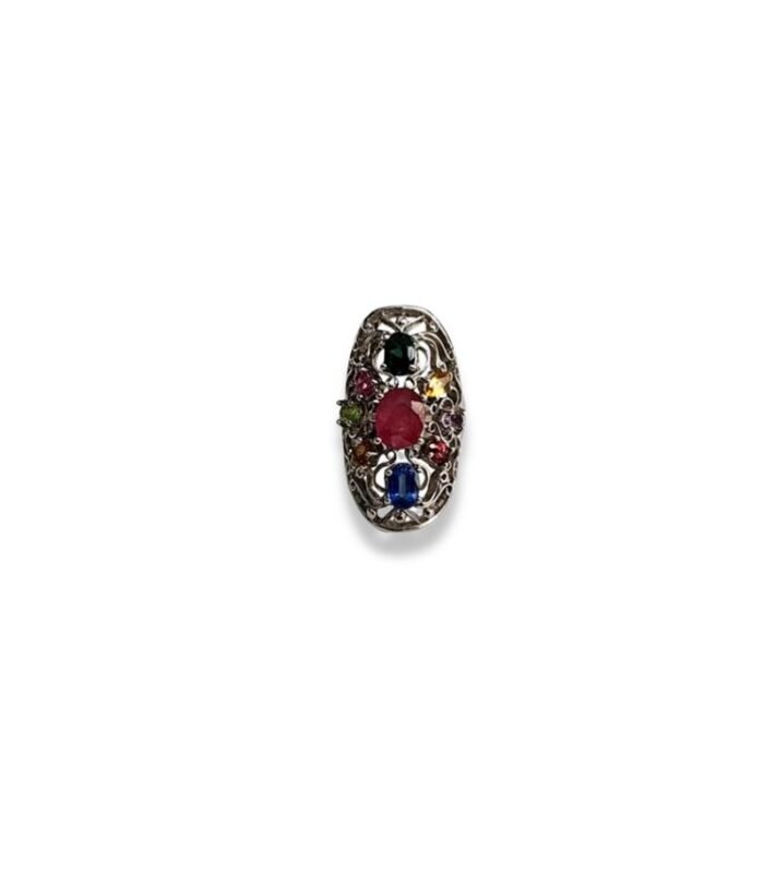 Ruby set with Multi Colour Gemstones in 925 Silver Women's Ring (36x20mm) (1158)