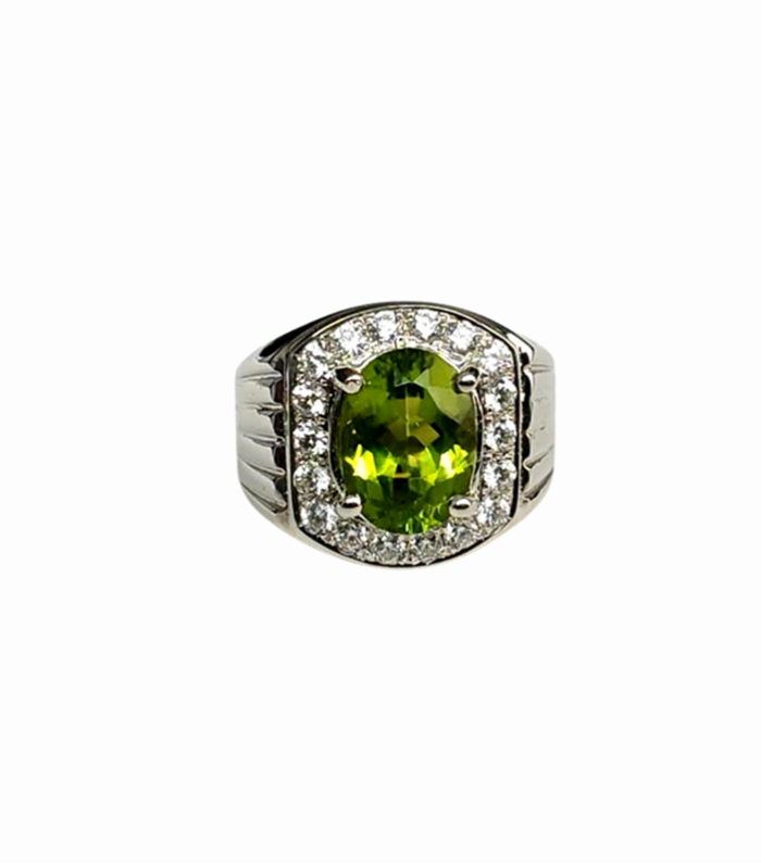 PERIDOT set with Cubic Zirconia in 925 Rhodium Plated Silver Men's Ring (SJ1147)