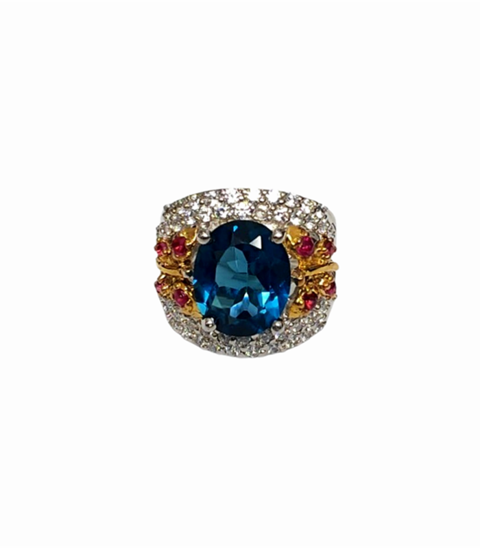 LONDON BLUE TOPAZ set with Ruby & Zirconia in 925 Silver Rhodium Plated Ring (SJ1144)