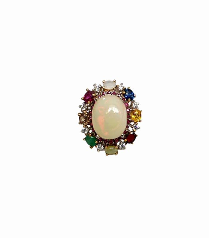 OPAL set with Multi Color Assorted Gemstones in 925 Silver Rhodium Plated Ring (SJ1132)